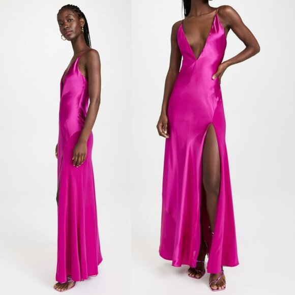 NEW Sergio Hudson Zigzag Dress Magenta V Neck Thigh Slit Sexy Glam - Picture 1 of 12